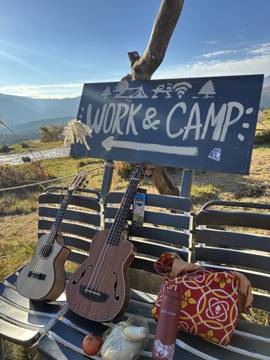 Ukuleles at the Work & Camp sign, Burning Japan