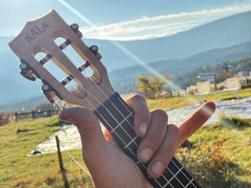 Ukulele raised to the mountain sun